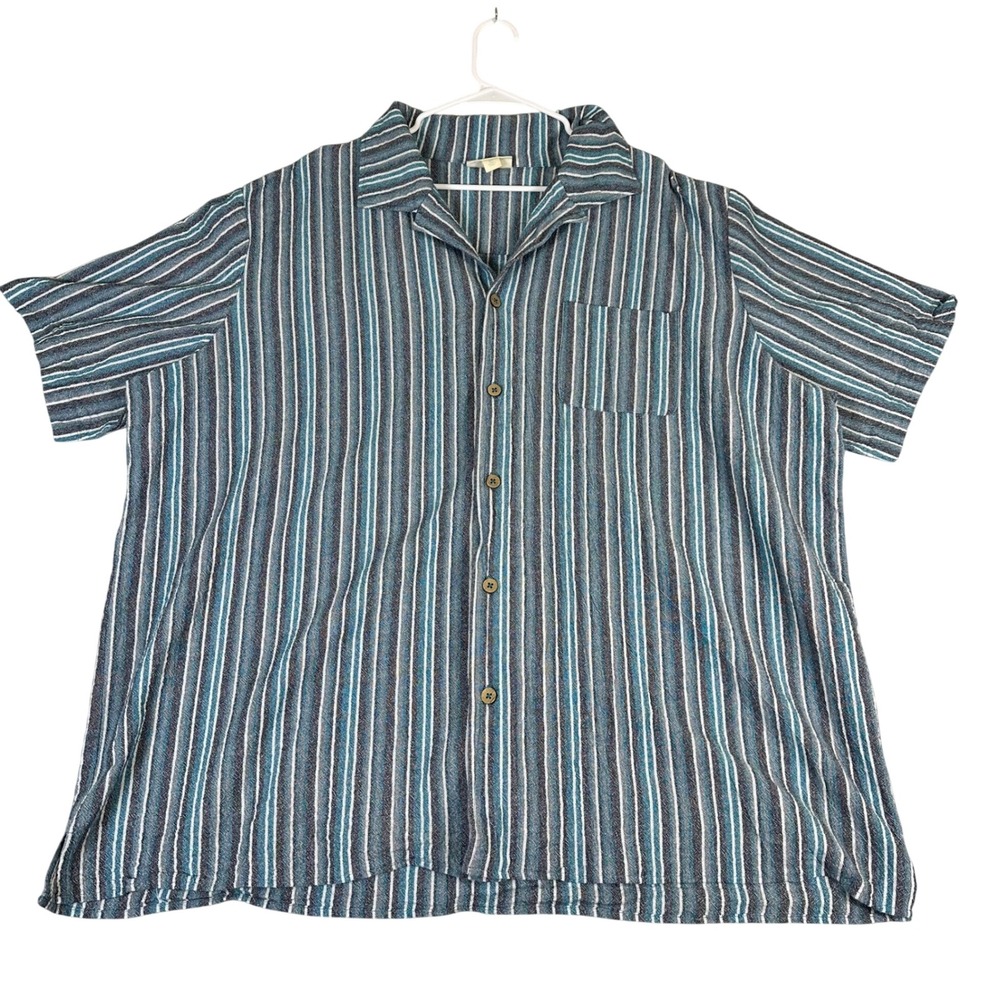 KS Island Mens 3XL Tall Blue Teal Striped Short Sleeve Camp Shirt Button Down